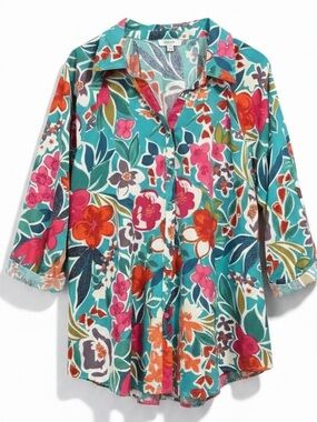 Umgee Women’s Floral Colorful Tropical Button Down Loose Fit Top Size Large